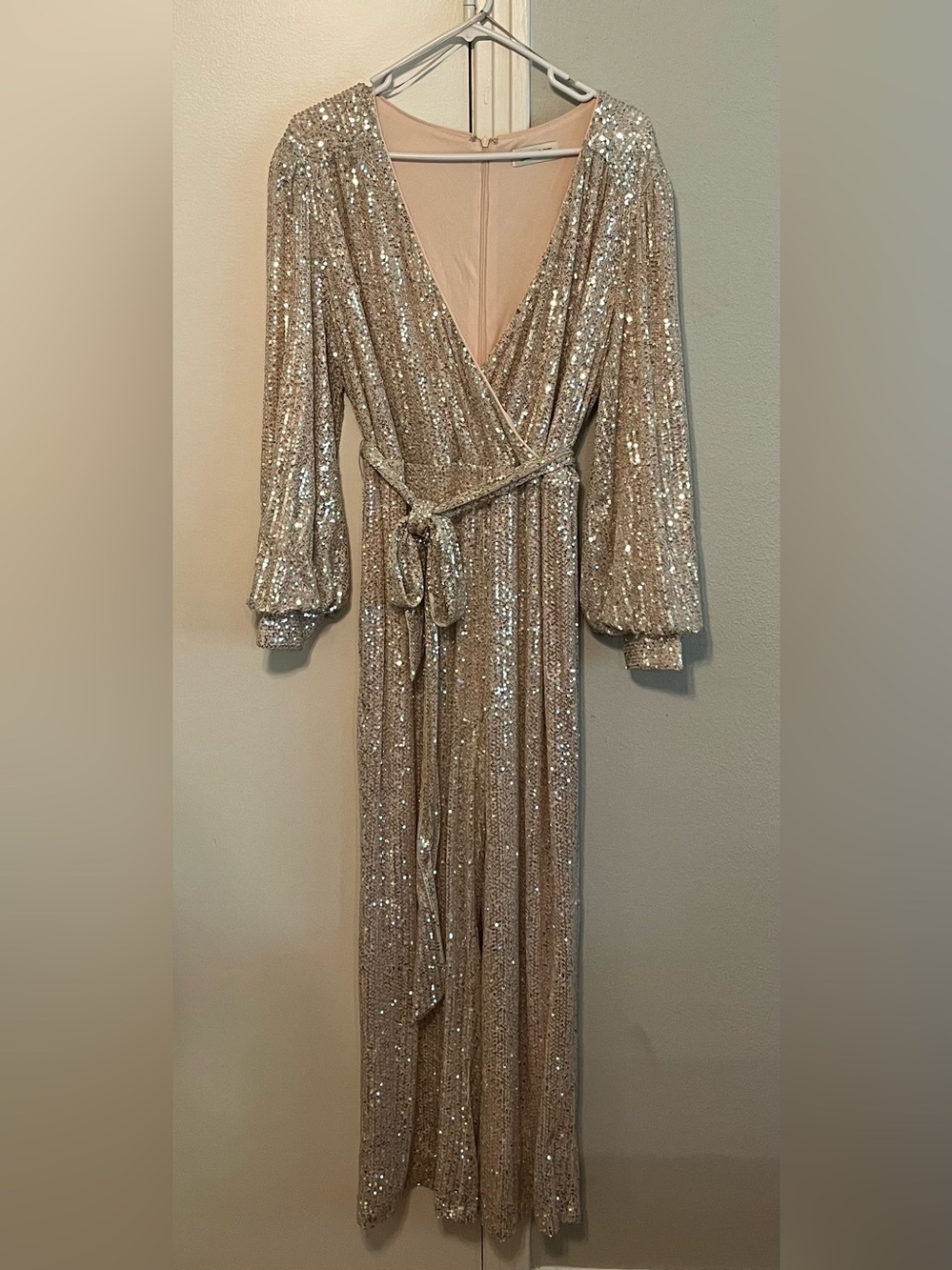The Post Sequin Faux Wrap Front Champagne Colored Jumpsuit Size 1X